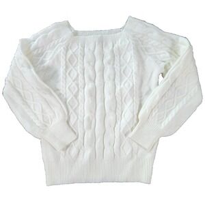 Rihoas White Cable Knit Square Neck Sweater Womens Medium Balloon Sleeve Top